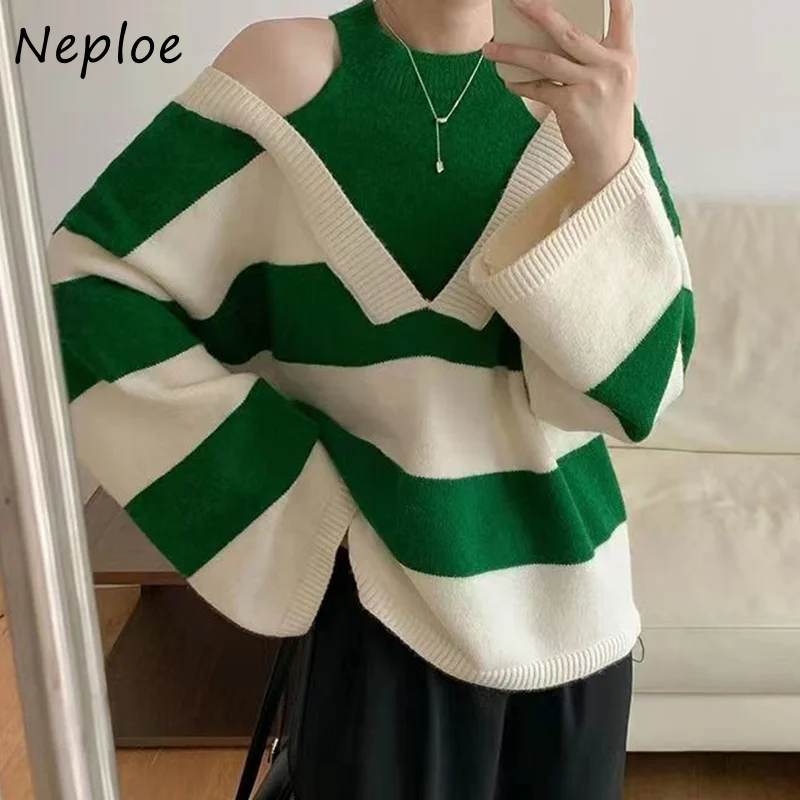 Neploe Halter Off-shoulder Fake Two Piece Pull Femme Autumn Jersey Mujer Jumpers Stripe Contrast Color Long Sleeve Sweater Y2k