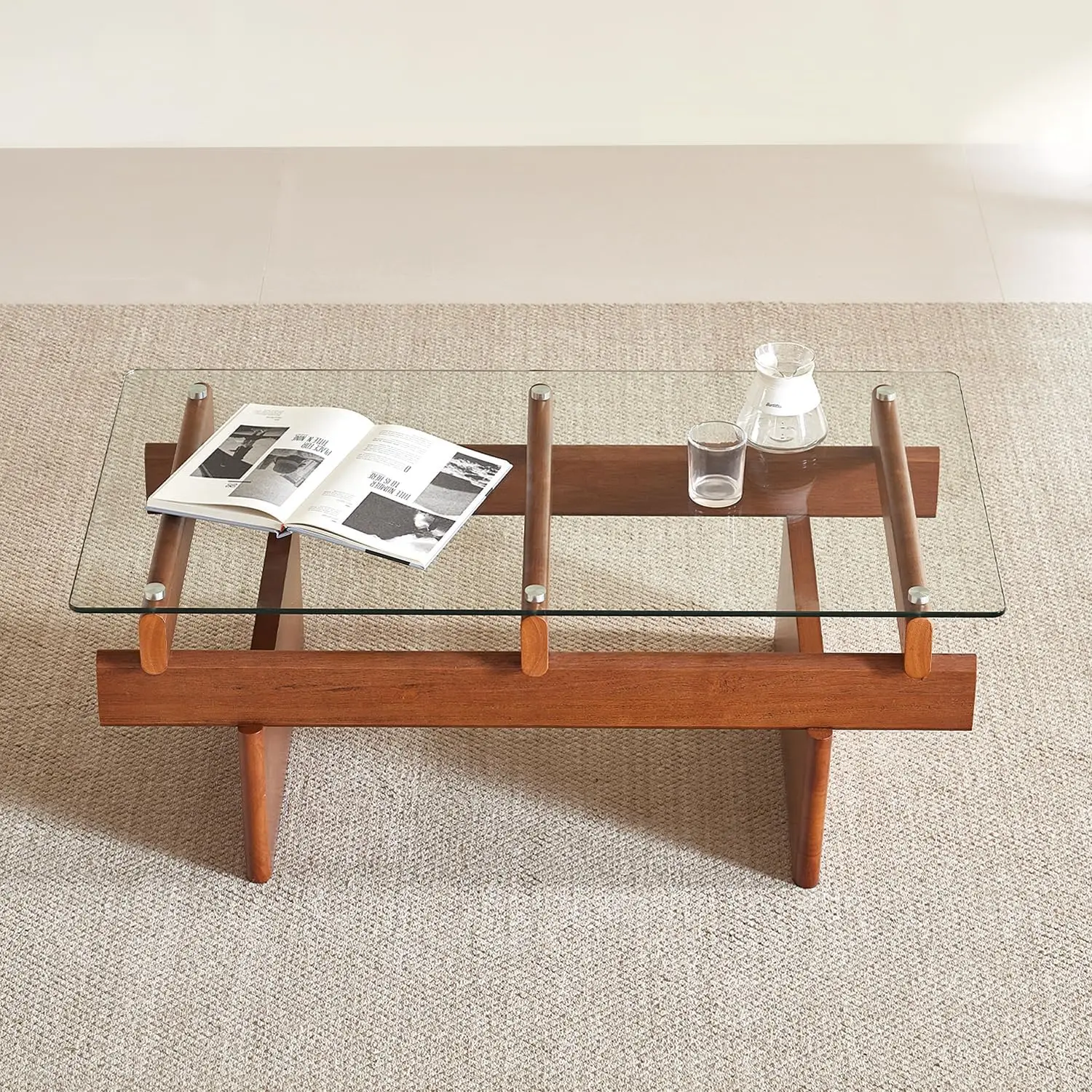 โต๊ะกาแฟกระจกสำหรับห้องนั่งเล่น, โต๊ะกาแฟไม้เนื้อแข็ง 100% พร้อมท็อปกระจกนิรภัยทรงสี่เหลี่ยม, โต๊ะกาแฟสไตล์โมเดิร์นกลางศตวรรษ