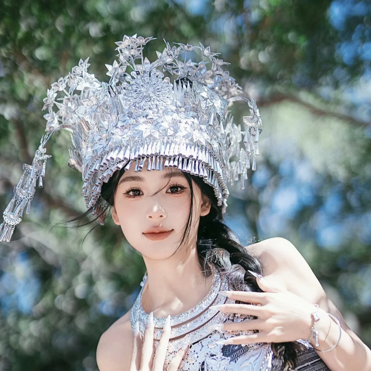 Ethnic Minority Style Trip Shoot  Miao Village Cover Imitation Silver Plated Hat a Tall Decorative Sichuan Province