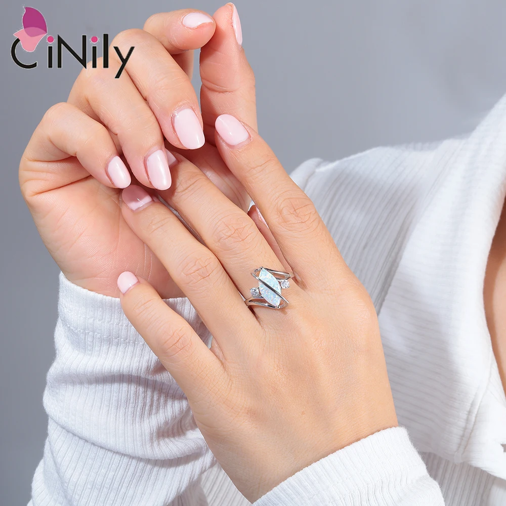 CiNily Authentic 100% 925 Sterling Silver Created White Fire Opal Rings With Cubic Zirconia for Women Wedding Fine Jewelrys Ring