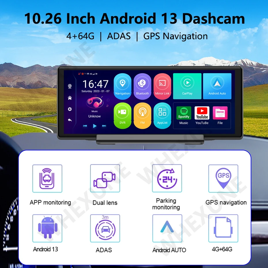 NEW Android 13 GPS Navigation 10.26 Inch Car DVR ADAS Dash Cam 1080P Rearview camera Video Recorder 4G WiFi DashCam Dashboard