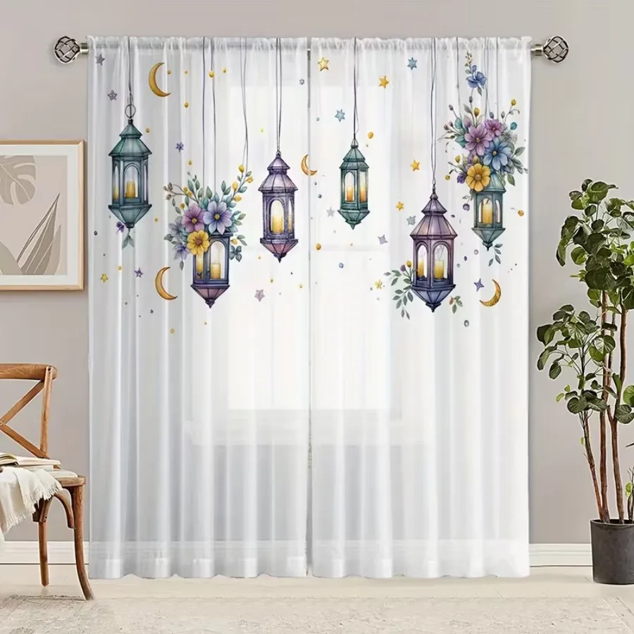 2PCS Digital Print Sheer Curtains, Painted Star Moon Flower Lamp, Ramadan Bohemian Style for Bedroom Living Room Home Decor
