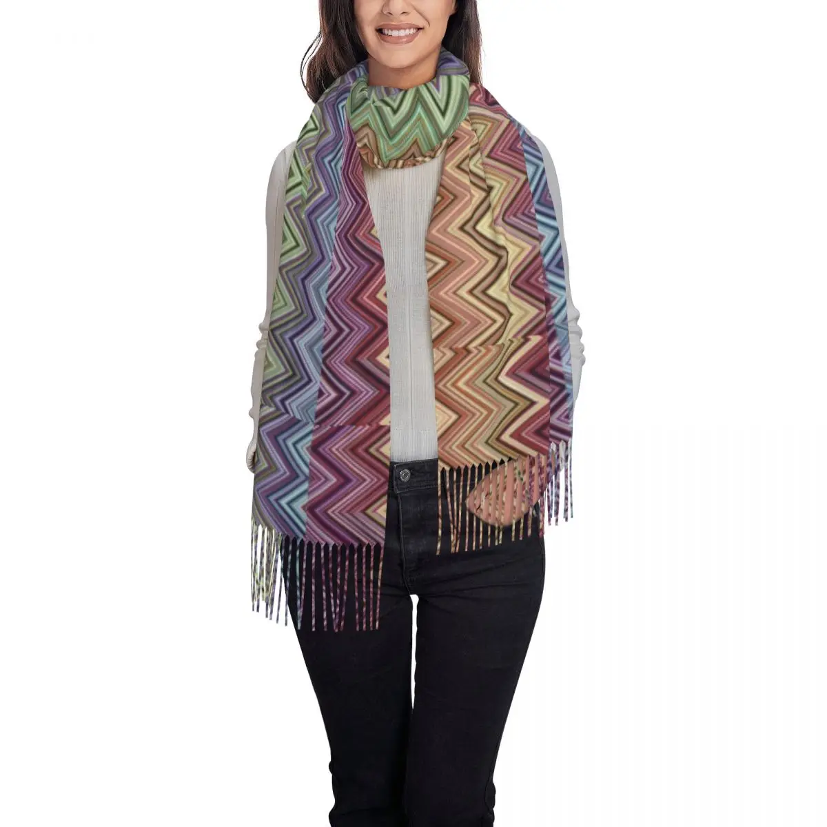 Stylish Modern Home Zig Zag Art Tassel Scarf Women Winter Fall Warm Shawl Wrap Ladies Bohemian Geometric Scarves