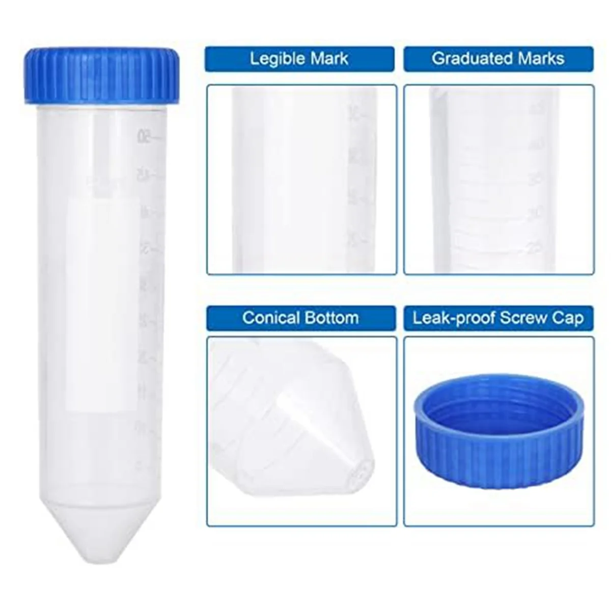 Confezione da 100 provette da centrifuga da 50 Ml, provette da centrifuga coniche da 50 Ml con segni graduati, punti di scrittura e tappi a vite blu