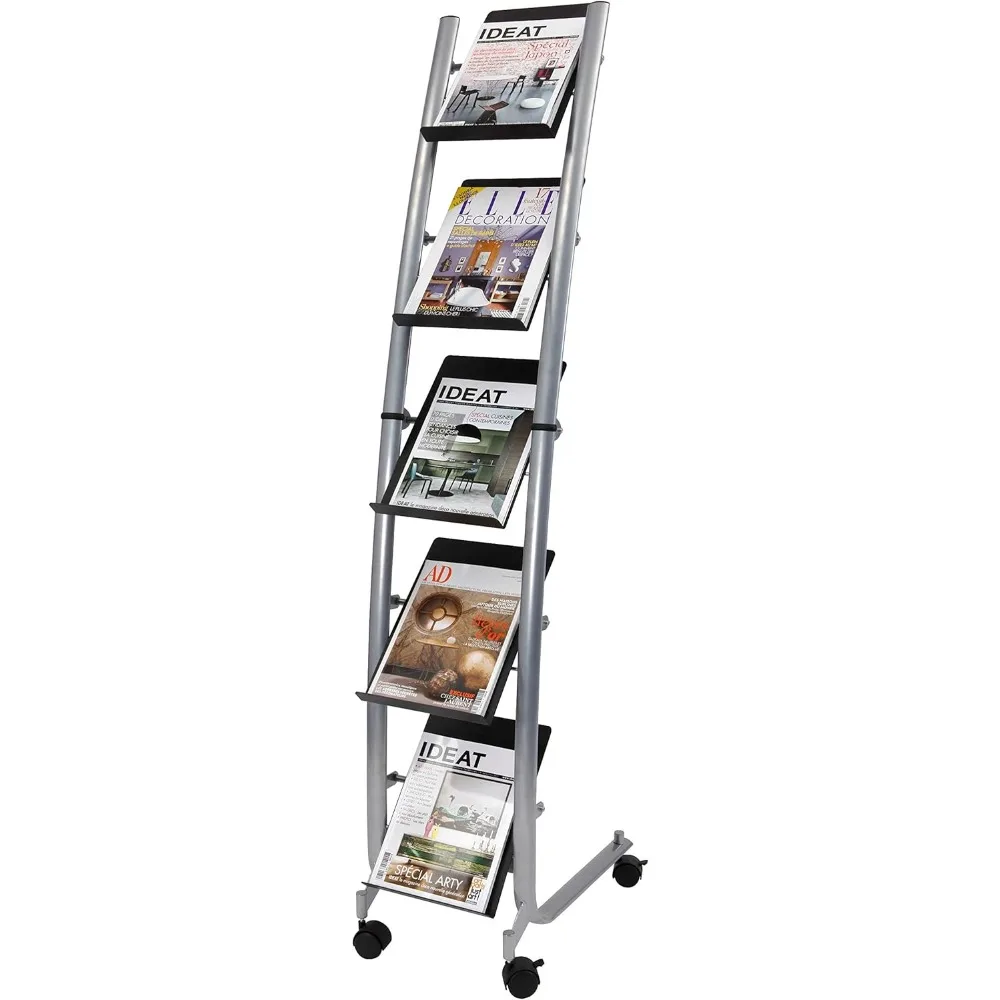 Narrow Mobile Literature Display - Floor Standing Magazine Rack - Document and Newspapers Holder - Metallic