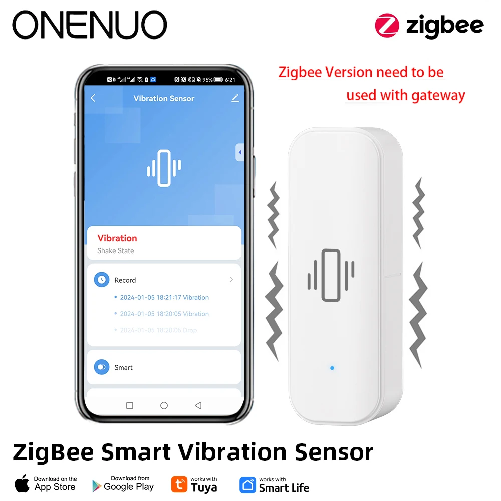 ONENUO-Zigbee Sensor Vibração Inteligente, Detecção Tuya, Smart Life APP, Notificação, Movimento em Tempo Real, Alarme de Choque, Registro Histórico