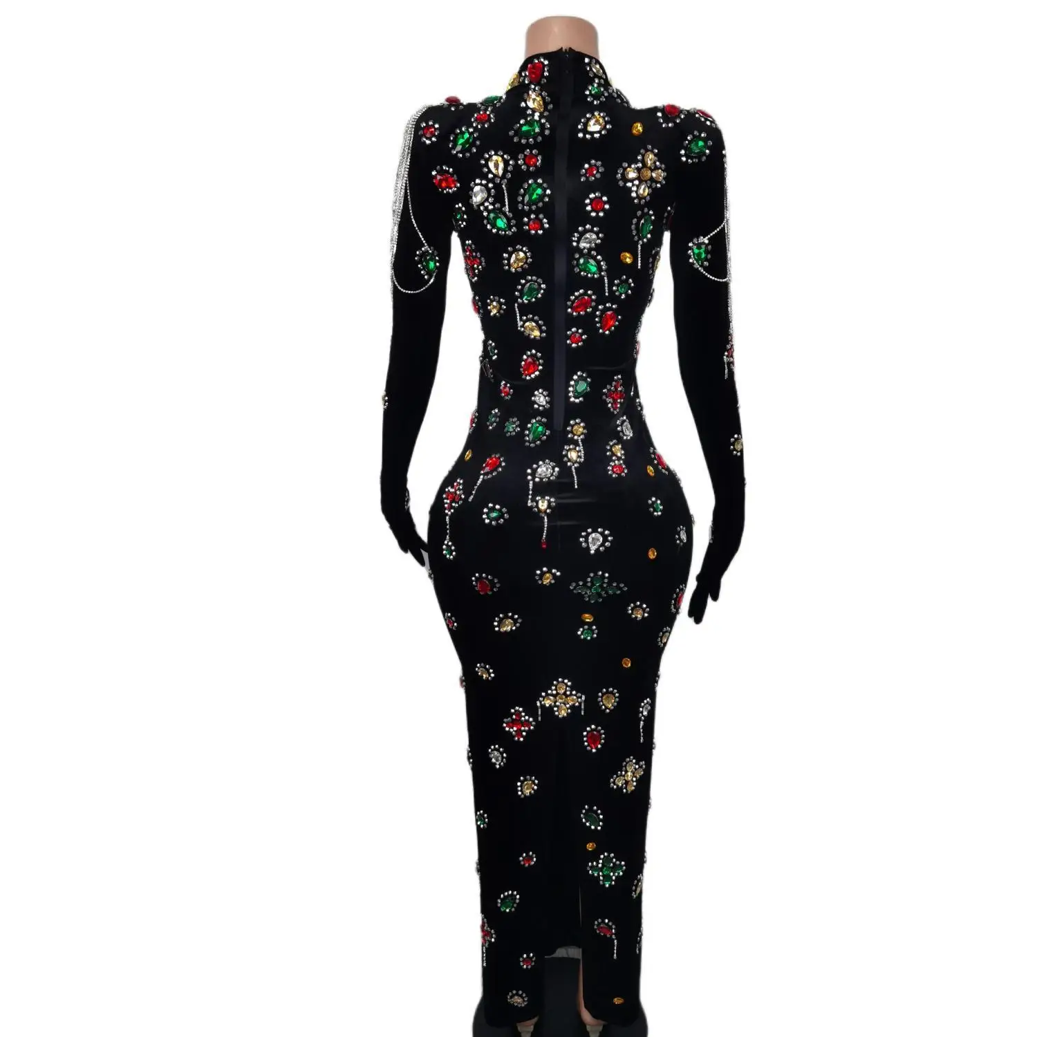 Caihongtang Elegant Black Velvet Colorful Rhinestone Bodycon Long Dress High Neck Long Sleeve Attached Gloves Gala Party Outfit