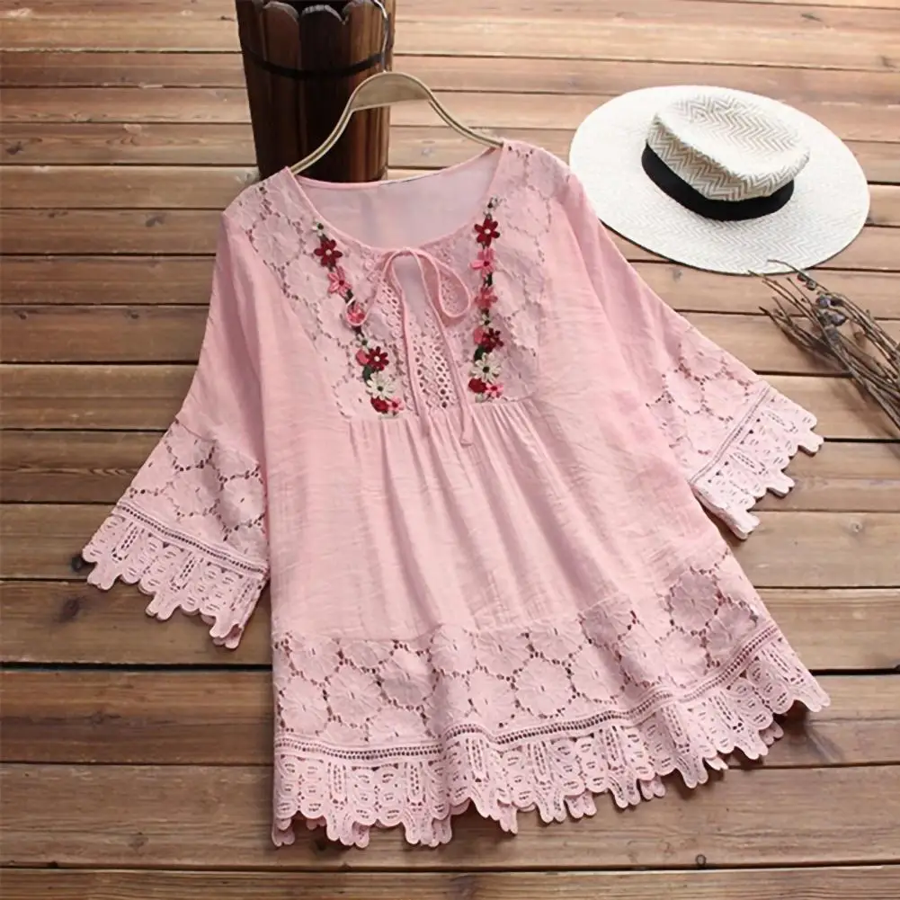 

Women Lace Crochet Blouse Lace-up Bow Flower Embroidery Vintage Blouse Top Casual Patchwork Shirts Casual Hollow Out Tunic Blous