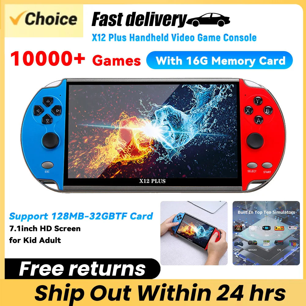 X12 Plus Handheld Video Game Console 10000 Games Support 128M-32GB TF Card 7.1inch HD Screen for Kid Adult 2500mAh With 16G Card