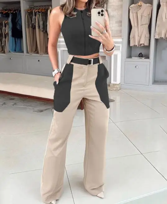 Conjunto de dos piezas a la moda para mujer, Top corto sin mangas con espalda abierta y pantalones informales Y2K, ropa de calle Sexy para verano, 2023