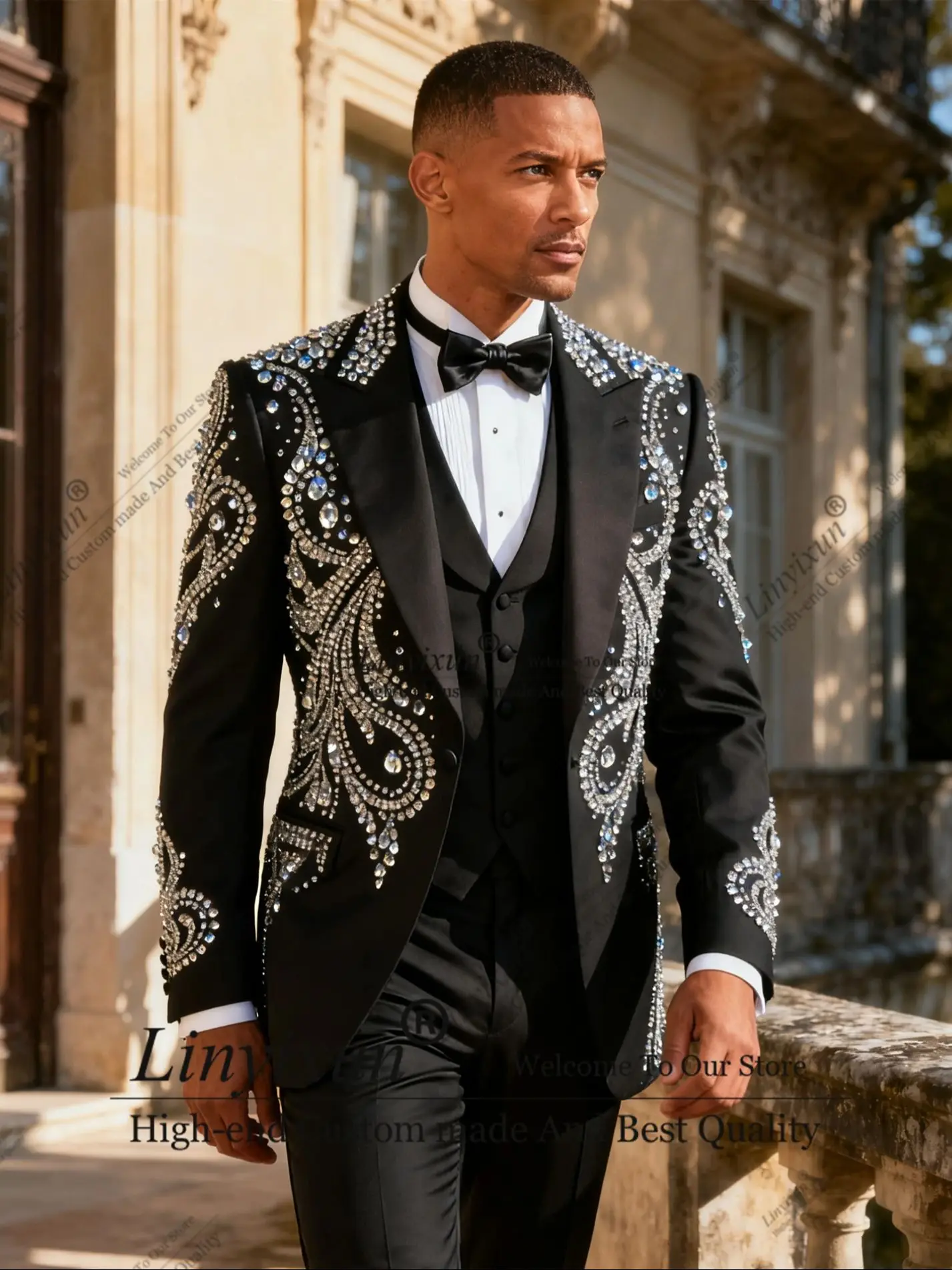 

Shiny Rhinestone Diamond Men Suits Customized Handsome Slim Fit Wedding Tuxedos 3 Pieces Sets Groom Male Blazers Ropa homre