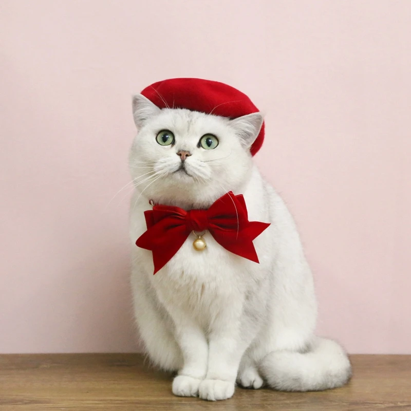 Cat Hat Headgear Fine Workmanship Cashmere Elegant Soft Pet Beret Bow Tie Collar Decoration Dogs Cap Beret For Decor New Year