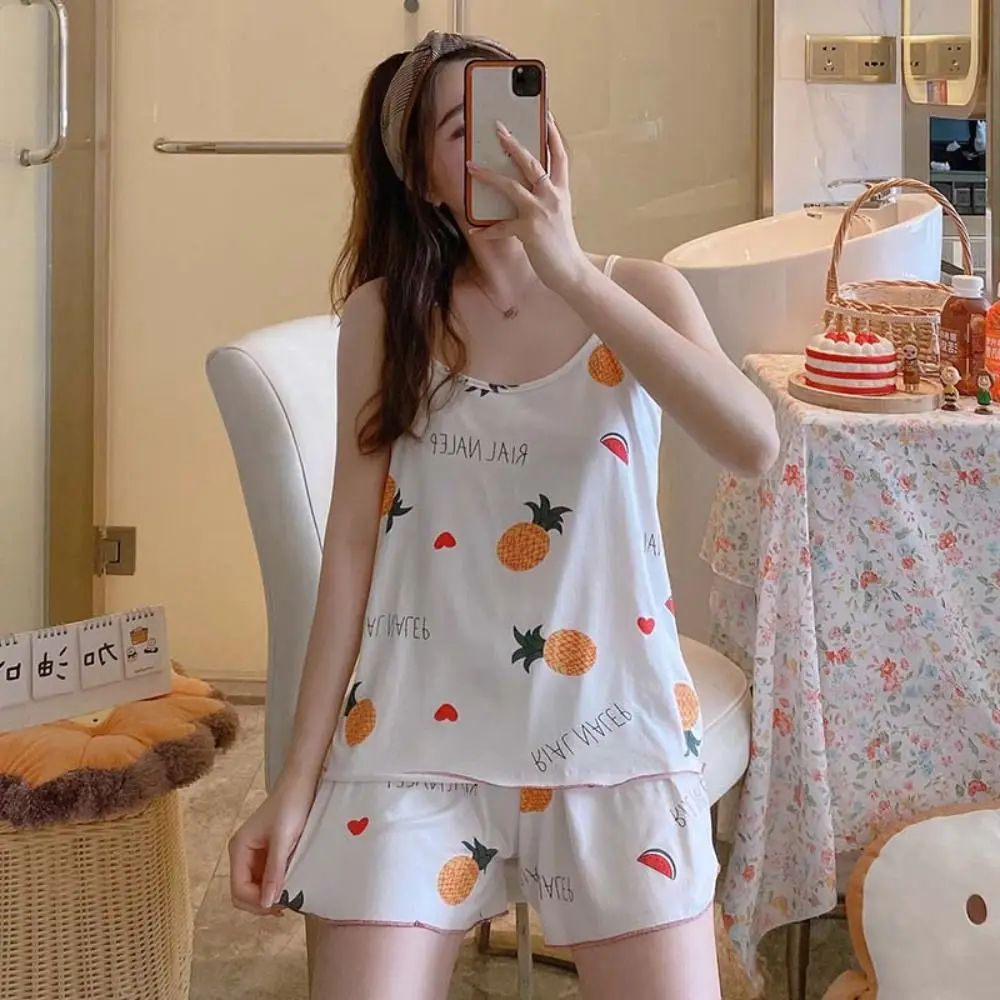 

Шорты-бретельки с круглым вырезом, ночная рубашка, клубничный летний милый комплект одежды для сна, домашняя одежда, свободные пижамы без рукавов, женская одежда для сна