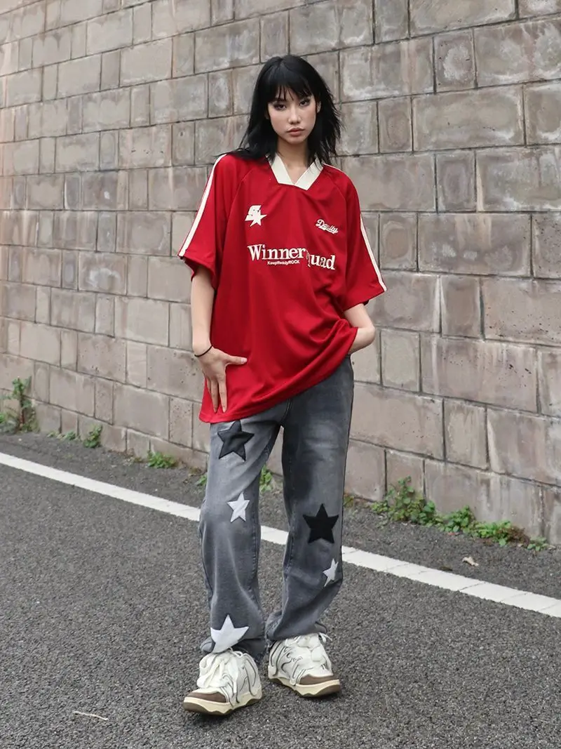 

Футболка с коротким рукавом реглан, модная тенниска с вышивкой, майка оверсайз, уличная одежда для тренировок, лето