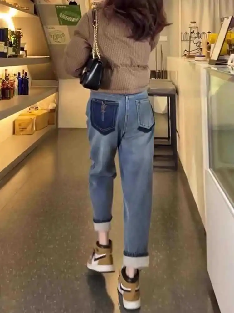 韓国風裏起毛ジーンズ レディース 2025秋冬 プラスサイズ ハルンパンツ ハイウエスト お腹シェイプ スリムフィット
