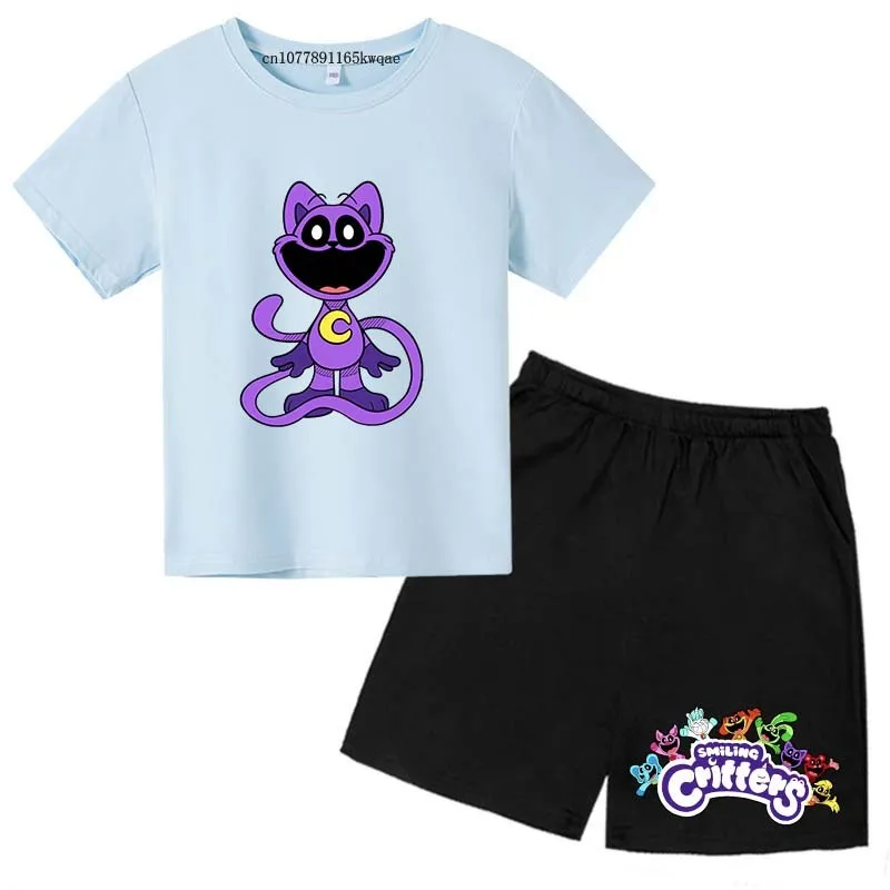 Smiling Critters Cartoon Print Kids Summer Cute 2pcs Soft T-shirts+Pants Suits 2-13Years Boys Girls Casual Sets Children Clothes