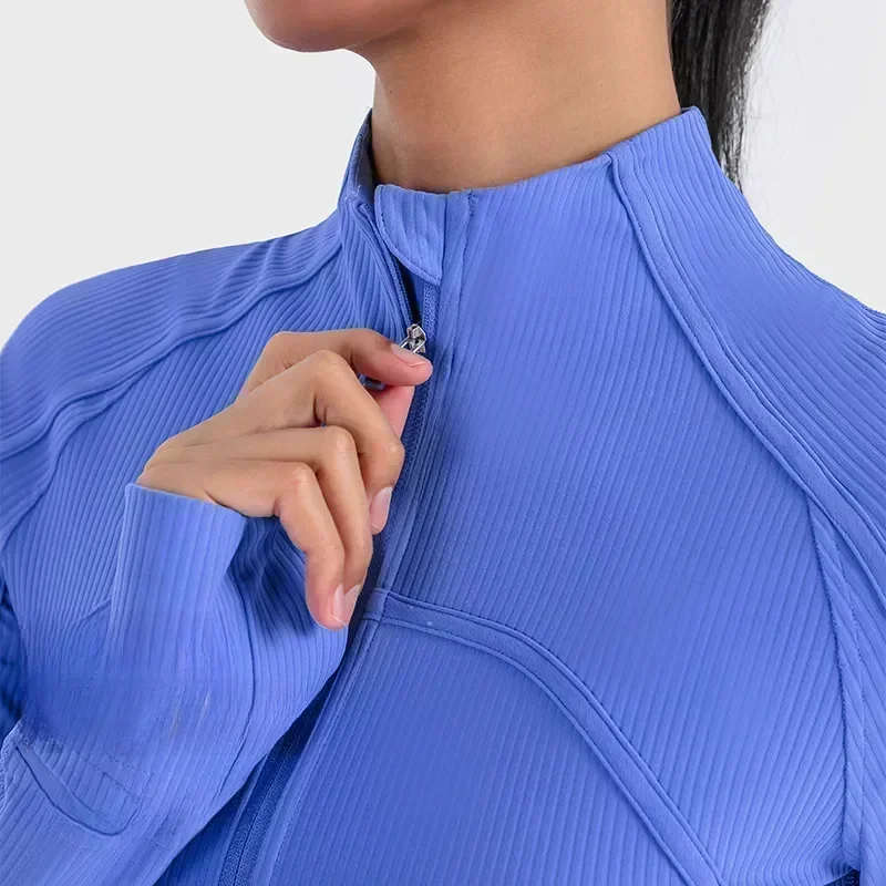 Lemon Women Ribbed Cropped Define Stand Neck Sports Jacket Utdoor Lightweight Breathable High Elastic Fitness Yoga Coat