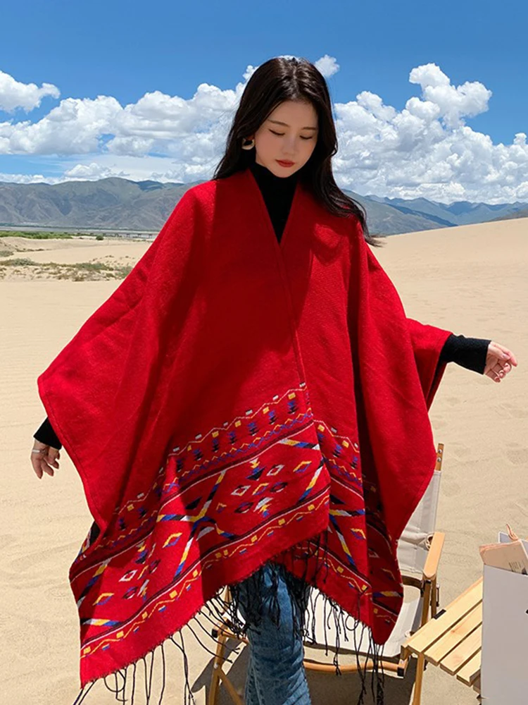 Jastie Ethnic Knitted Shawl Female Vintage Autumn Winter Travel Warm Scarf Cape Ladies Fashion Multifunction Tassel Poncho Women