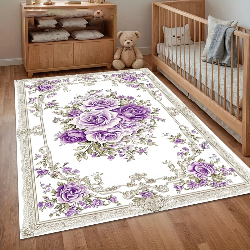 Vintage Rose Area Rug Purple Floral Gold Trim Design Elegant European Style Nursery Decor for Baby Room Living Room & Bedroom