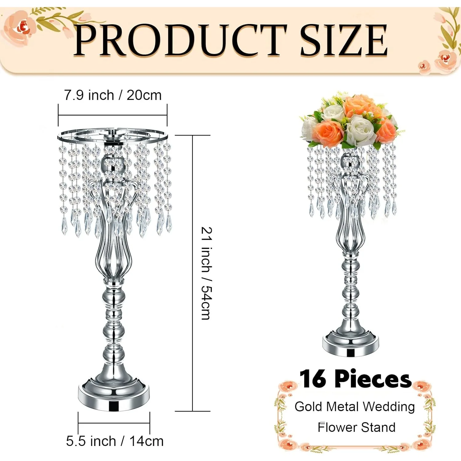 16 Pcs Wedding Centerpieces for Tables, Vase Centerpiece with Chandelier Crystal, 21.3 Inch Metal Flower Stand (Silver)