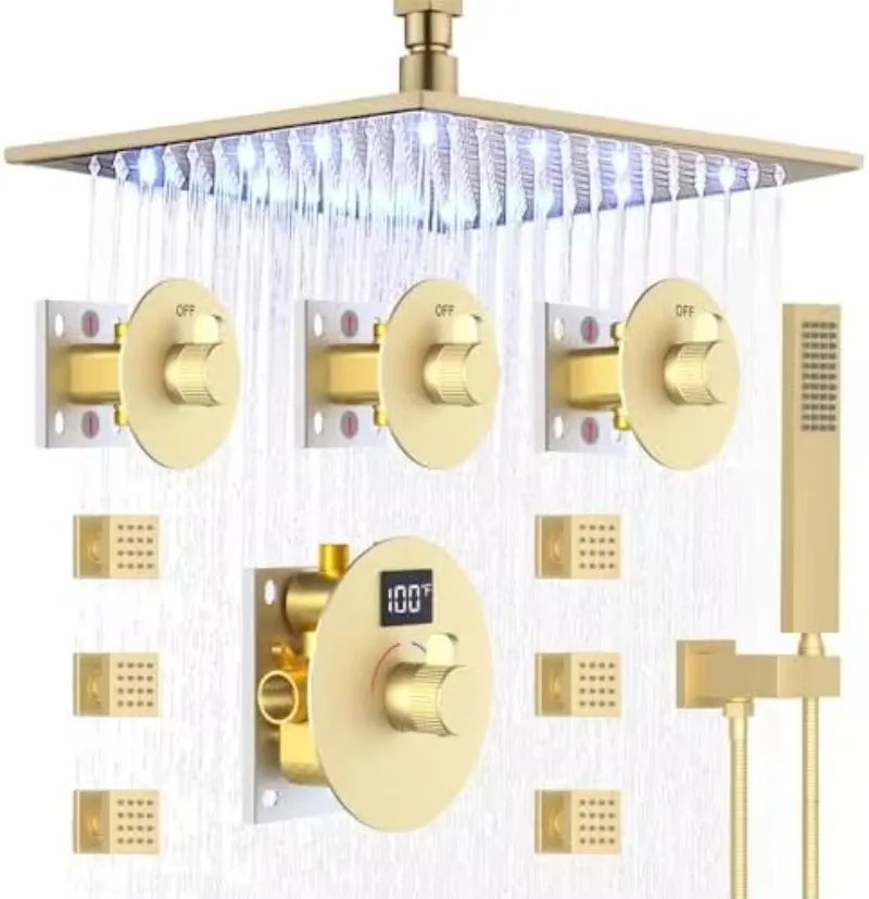 Brushed Gold Ceiling 16inch LED Digital Temperature Bath Rain Shower System Faucet Set