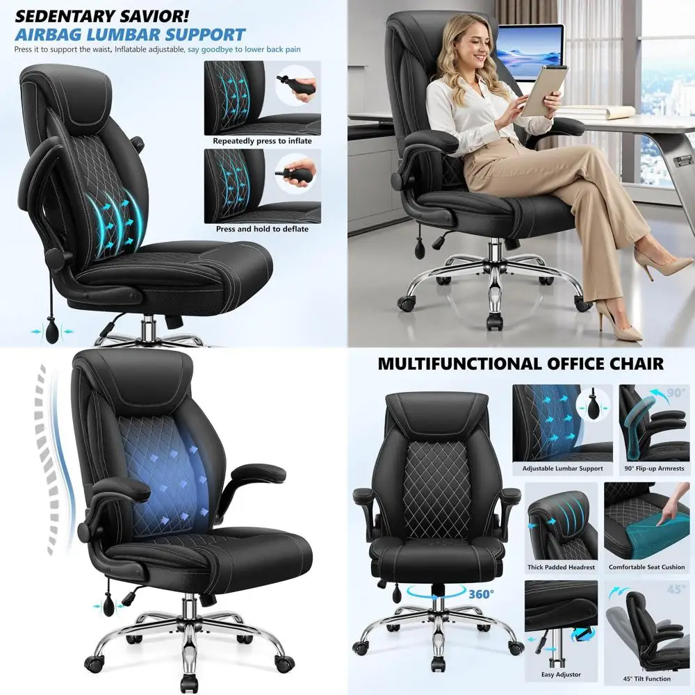 Ergonomic Big and Tall Desk Chair with Adjustable Lumbar Support, Executive Leather Gaming Chair, Swivel Rocking PC Chair, Black