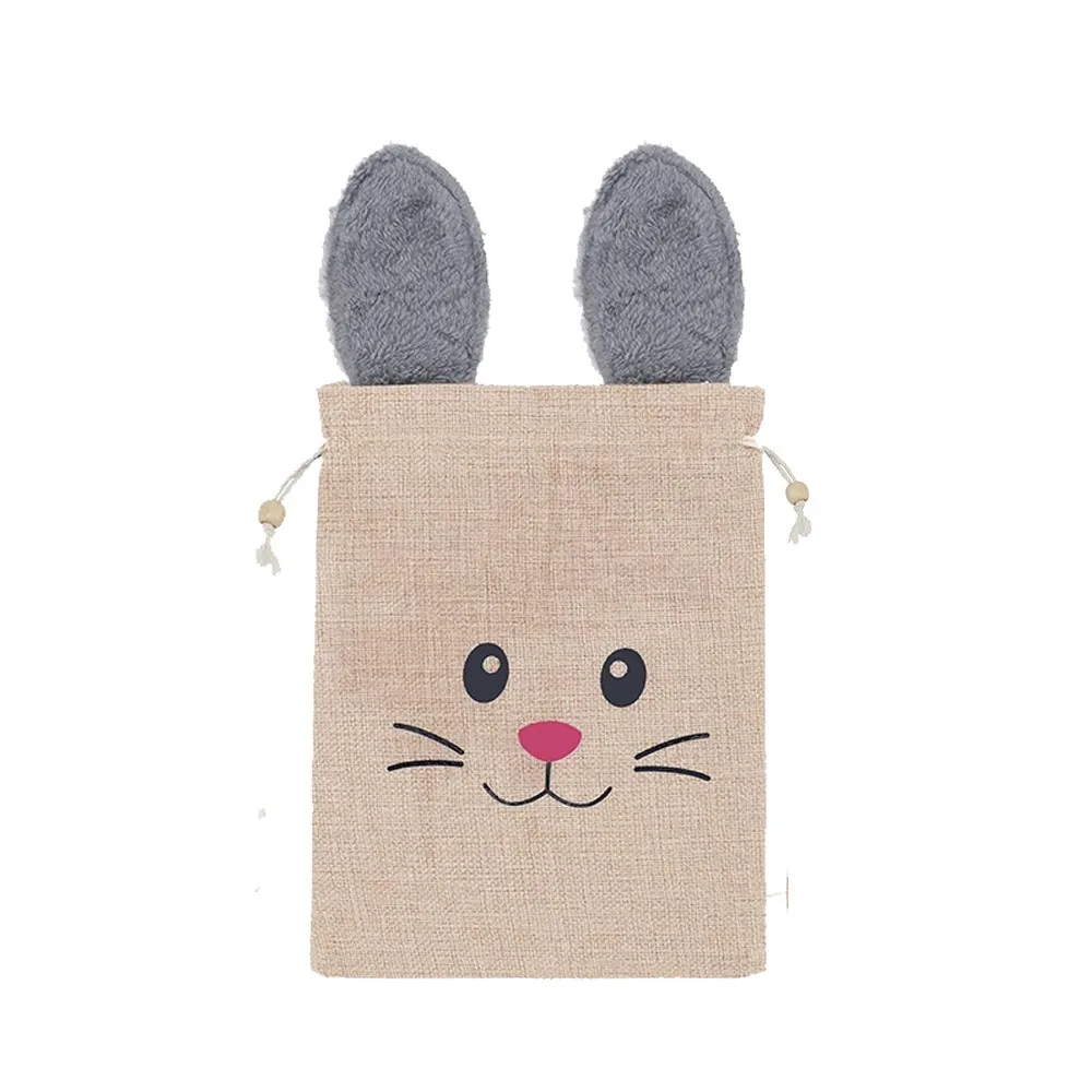 

3pcs Cute Easter Bunny Ears Bags Burlap Festival Drawstring Gift Bags Plush Rabbit Candy Bags Holiday Wedding Birthday