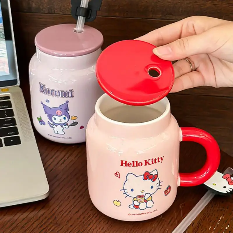 Керамическая чашка с милым мультяшным рисунком «Hello Kitty My Melody», кружка с крышкой, чашка с соломинкой, красивая бытовая кофейная чашка, рождественский подарок