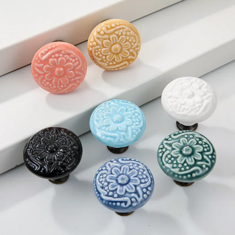 1pc Light Luxury New Chinese Solid Wood Wardrobe Handle Vintage Pattern Drawer Single Hole Handle Cabinet Door Ceramic Handle