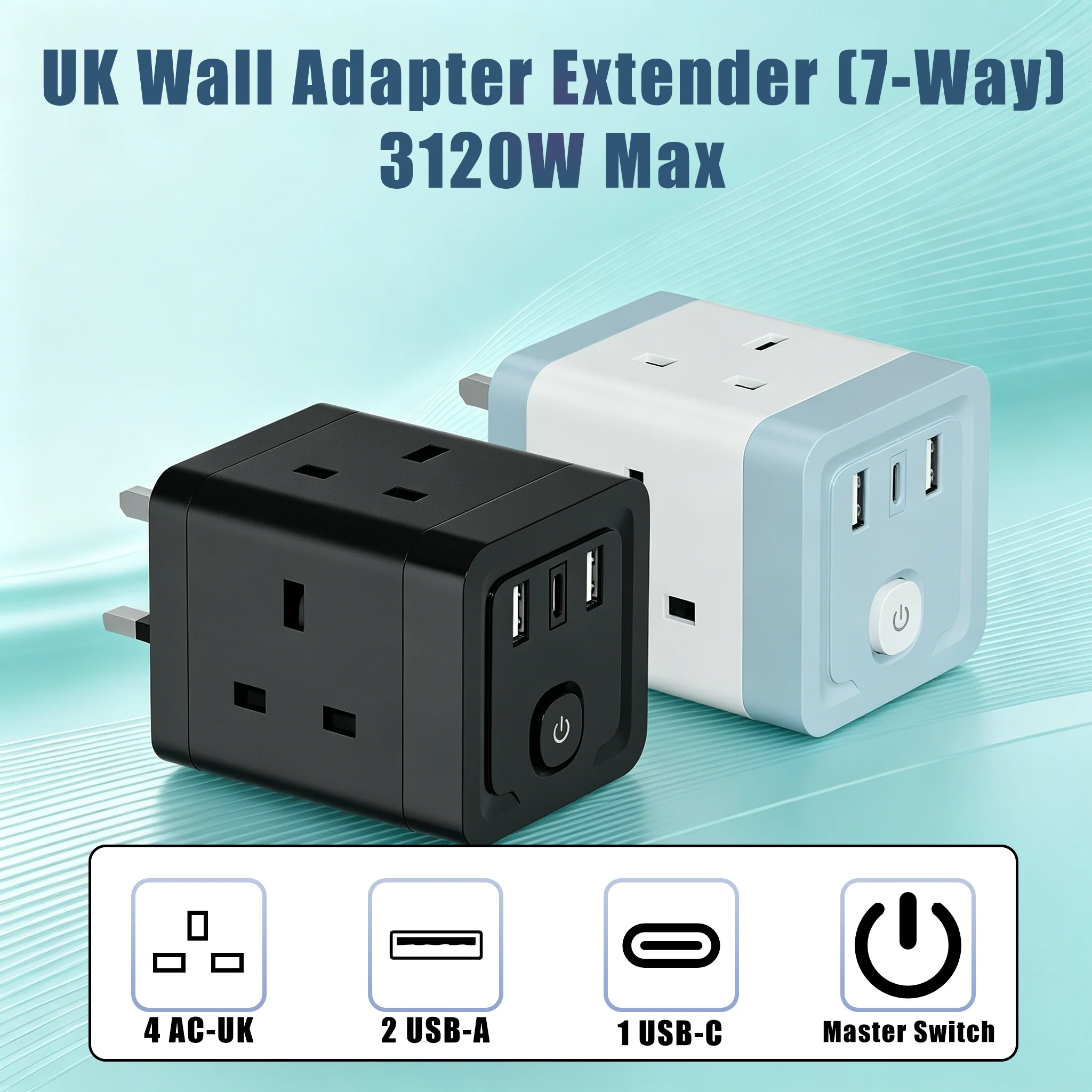 UK Multi-outlet Wall Adapter 3120W Max, 7-in-1 with 4 AC Outlets & 3 USB Ports (1 USB-C & 2 USB-A), Travel Charger, Plug Adapter