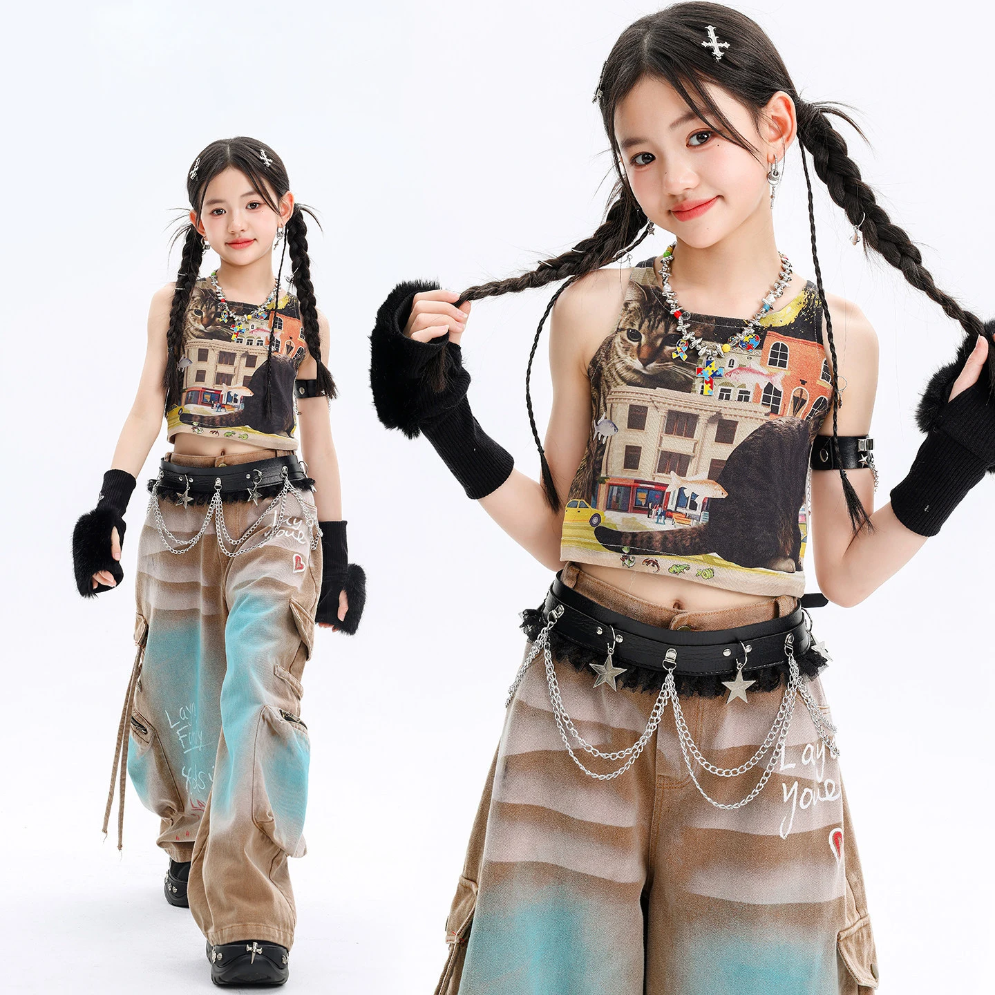 

Kid Kpop Hip Hop Clothing Coffee Cute Cat Print Crop Tank Top Casual Wide Blue Cargo Pants for Girl Street Dance Costume Clothes