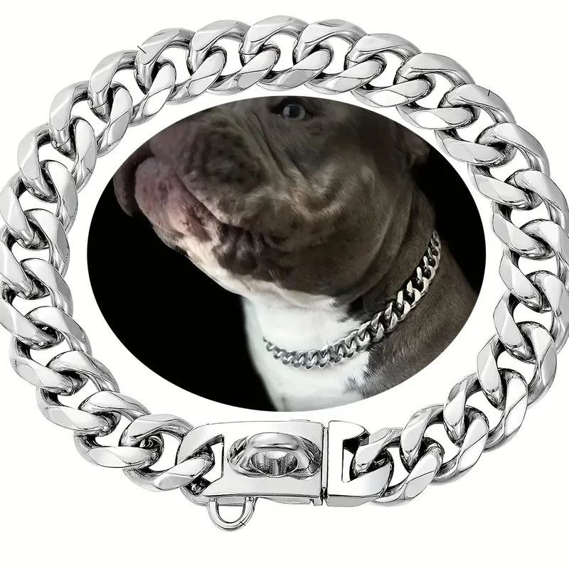 

14mm Wide Gold Dog Cuban Chain Collar Stainless Steel Pet Collar For Large Dogs Pitbull Bulldog Silver Gold Show Collar