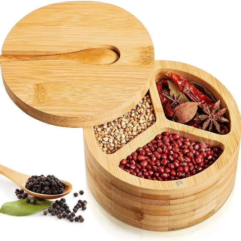 (BF06)1 Set Small Bamboo Spoon Natural Bamboo Salt Storage Box With Swivel Lid For Kitchen Seasoning Organization