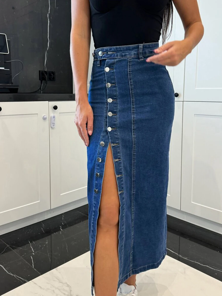 Women's High Waist Denim Skirt Solid Color Oblique Button Up Long Skirt for Travel, Beach, Shopping