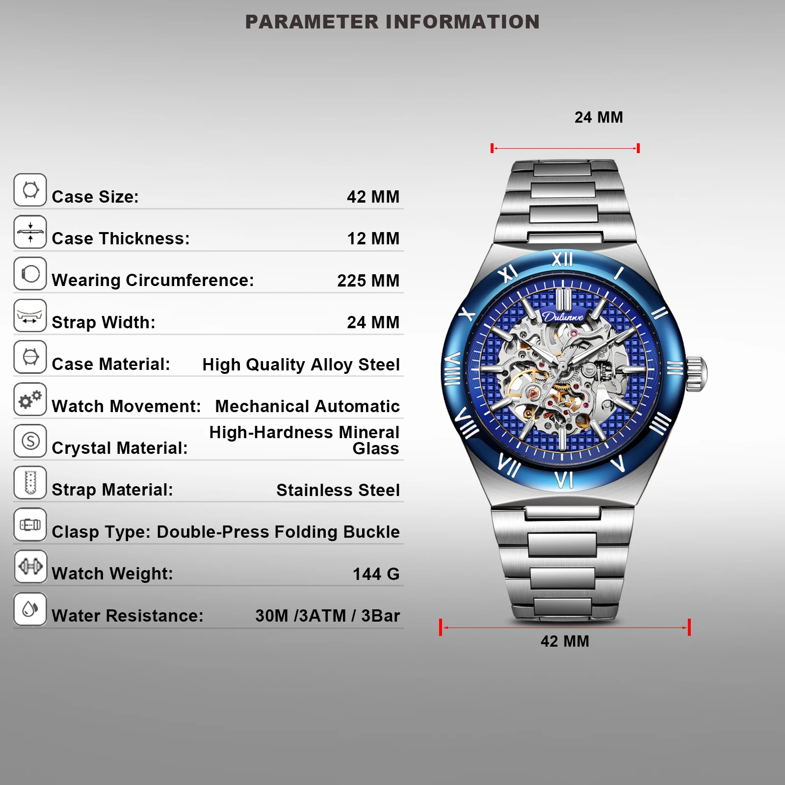 Dulunwe Men's mechanical automatic watch Constellation watch, skeleton design classic Roman numeral bezel