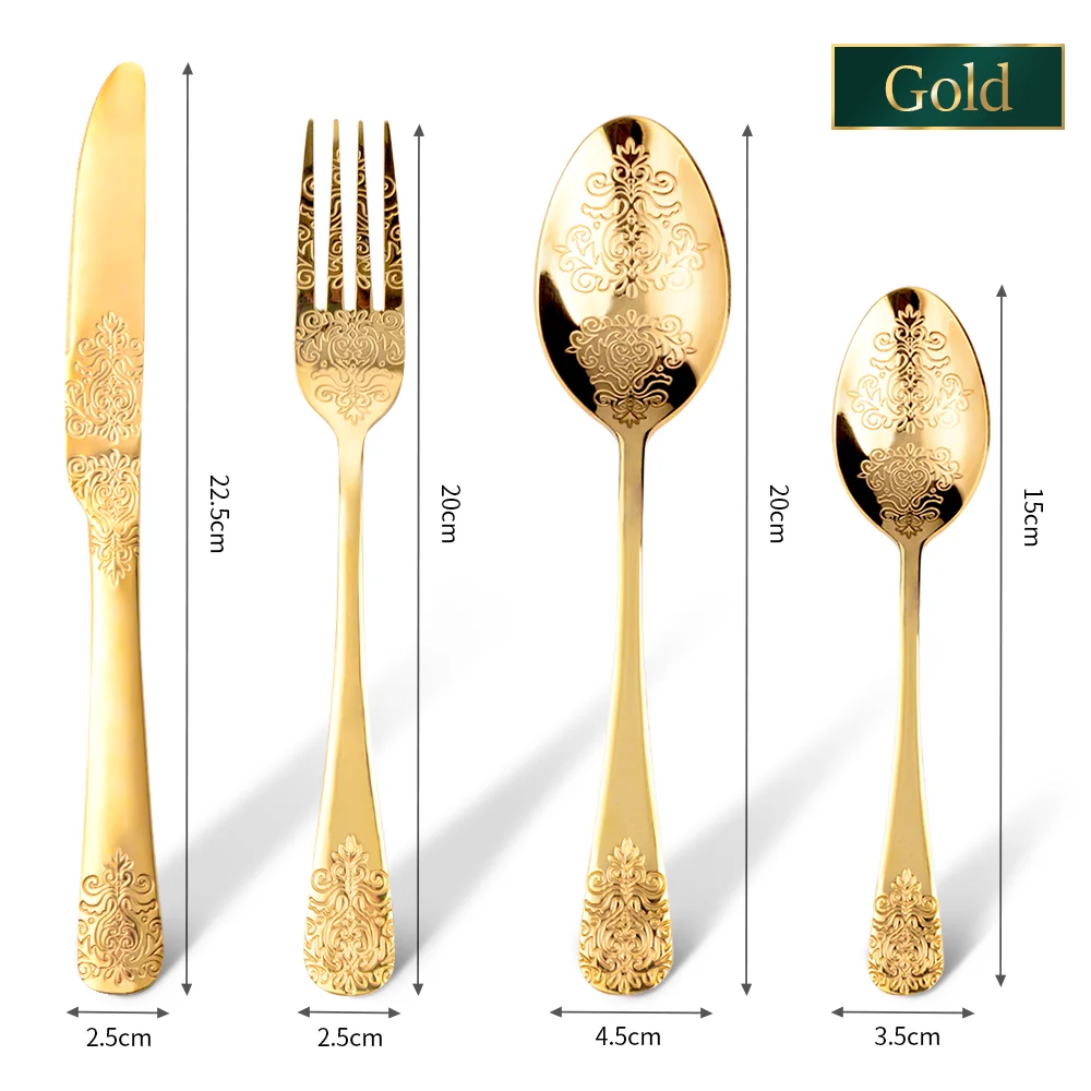 Gold Luxury Cutlery Sets  Fork Spoons Knife Silverware Kit Vintage Carved  Tableware Set European Dinnerware For Home Kitchen