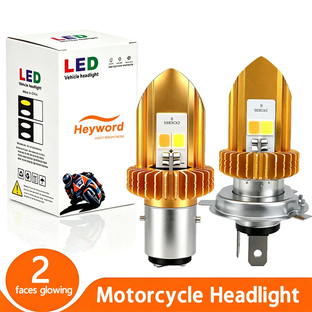 Heyword H4 BA20D LED Motorcycle Headlight Bulb - 10000LM Super Bright, High/Low Beam Fog Light, Error-Free, Yellow and White