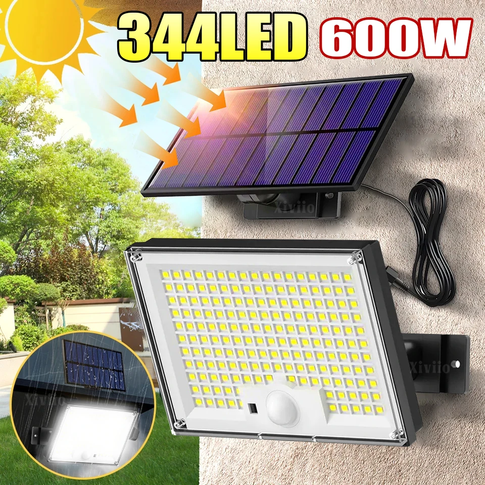 

600W 344LED Наружные солнечные фонари Супер яркий датчик движения Свет безопасности Солнечные прожекторы для стены Гараж Двор Сад Водонепроницаемые наружные солнечные фонари