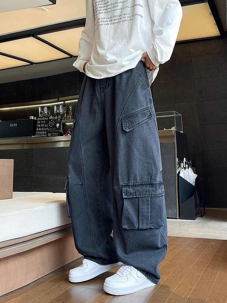 

Men's Baggy Cargo Jeans With 6 Pockets Korean Fashion Wide-Leg Y2K Jeans Heavy Fabric Straight Denim Cargo Pants