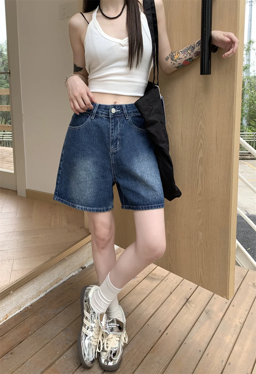 

Slergiri Korean Fashion Embroidered Pocket Denim Shorts Women Summer 2024 New High-waisted Loose Casual Straight Jeans Shorts