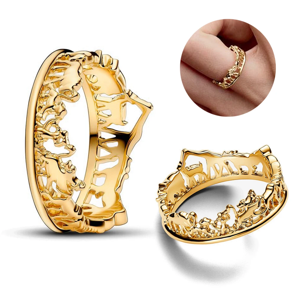 2024 New Charm Simba, Timon & Pumbaa Cartoon Lion Glod Plated Ring Celebrate Friendship Party Jewelry Gift for Family Friends