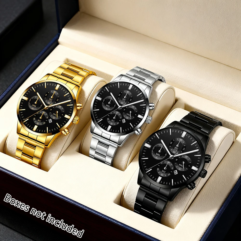 3pcs Men's Business Fashion Quartz Men's Business Watch Clock Combination Set Holiday Gift