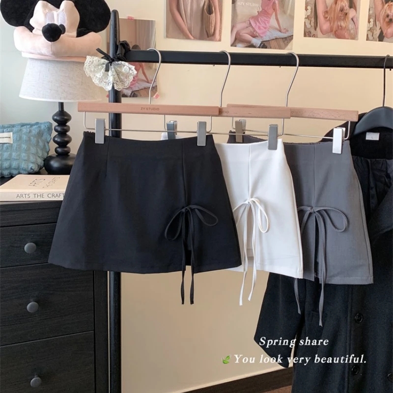 

Korean Retro Bow Lace Up Casual A-line Skirt Women 2025 Spring New High Waist Solid Color All Match Mini Skirt