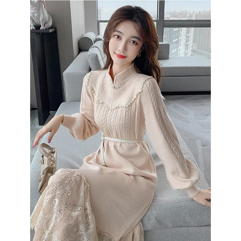 Cheongsam Dress Long Sleeves Spring Autumn Women's Clothing Knitted Sweater Dress French Retro Chinese Style Lace Lantern Sleeve