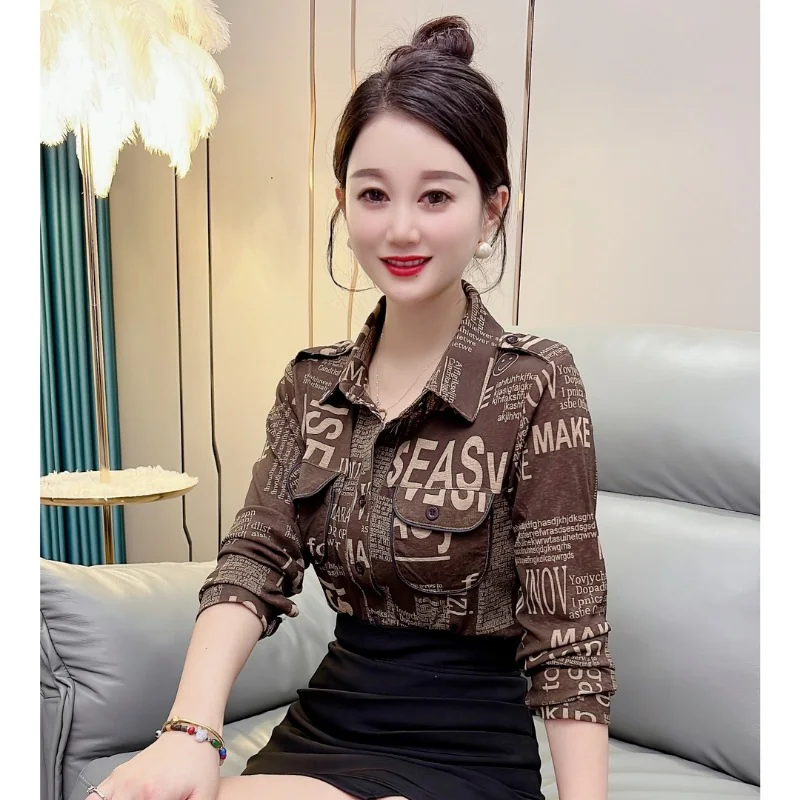 Womens Korean Fashion Letter Print Button Up Shirt Lapel Long Sleeve Slim Blouse Autumn Female Casual Pocket Tops Vintage Blusas