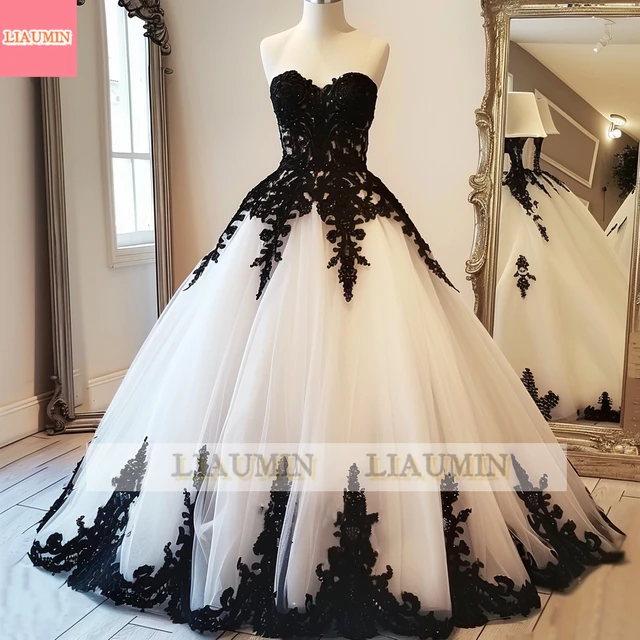 Elegant White Tulle and Black Lace Applique Strapless Wedding Dresses Sweetheart Bridal Ball Gowns Full Length Custom W13 14 AliExpress