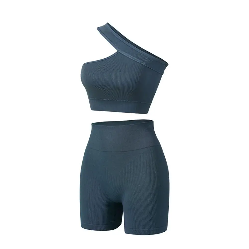 

2Pcs Reusable Seamless Women Workout Sets Ribbed High Waist Yoga Outfits One Shoulder Tank Tops Sports Bra Gym