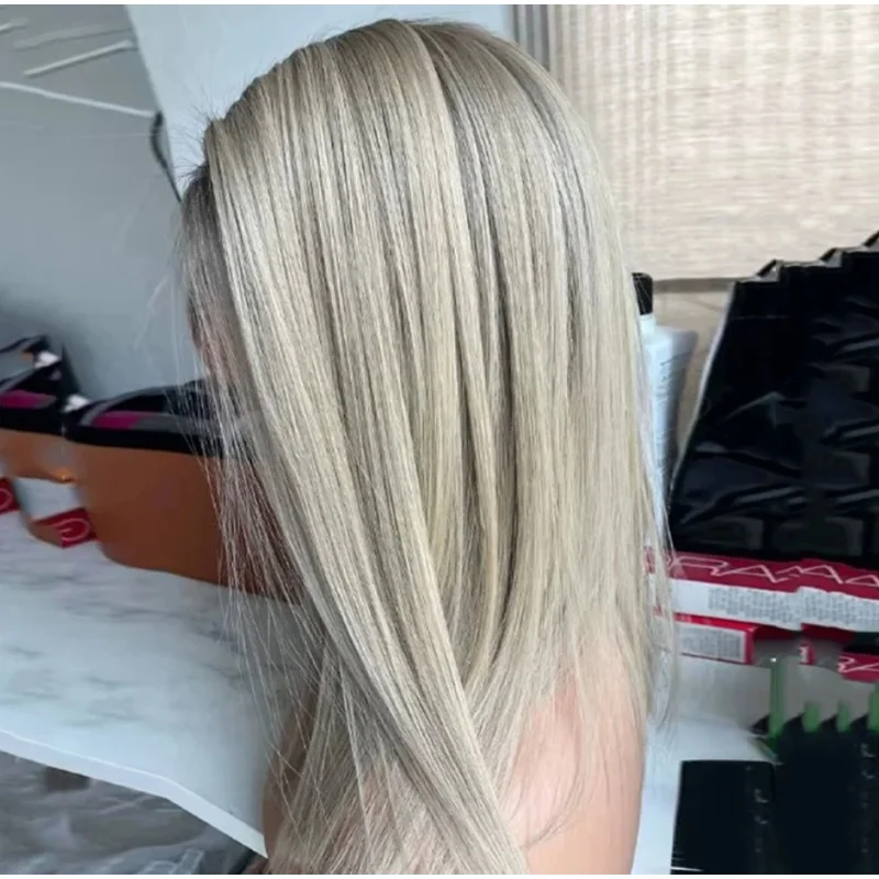 

Short Rooted Ash Blonde Lace Frontal Wig Heat Resistant Synthetic Hair Wig 16 Inches Soft Straight Ash Blonde Wig For Women