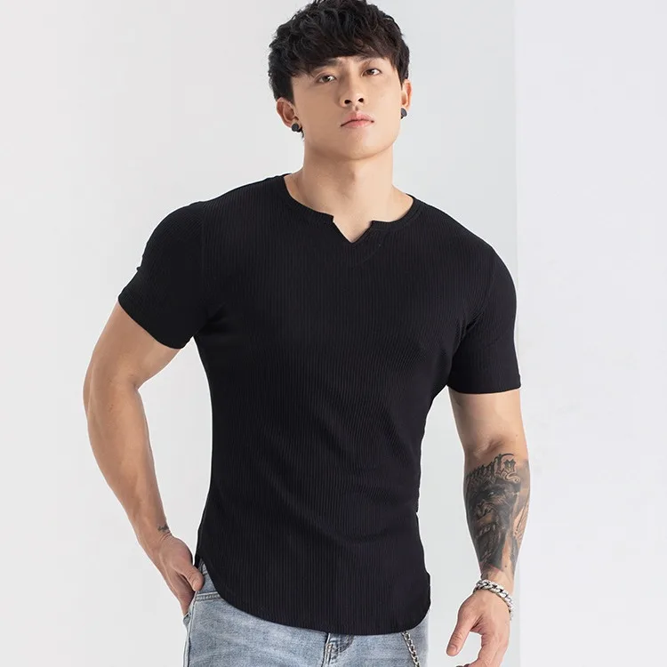 Summer Men's striped T-shirt Fashion V-neck short sleeve Casual sports Fitness comfortable Tops Men's street trend top clothing