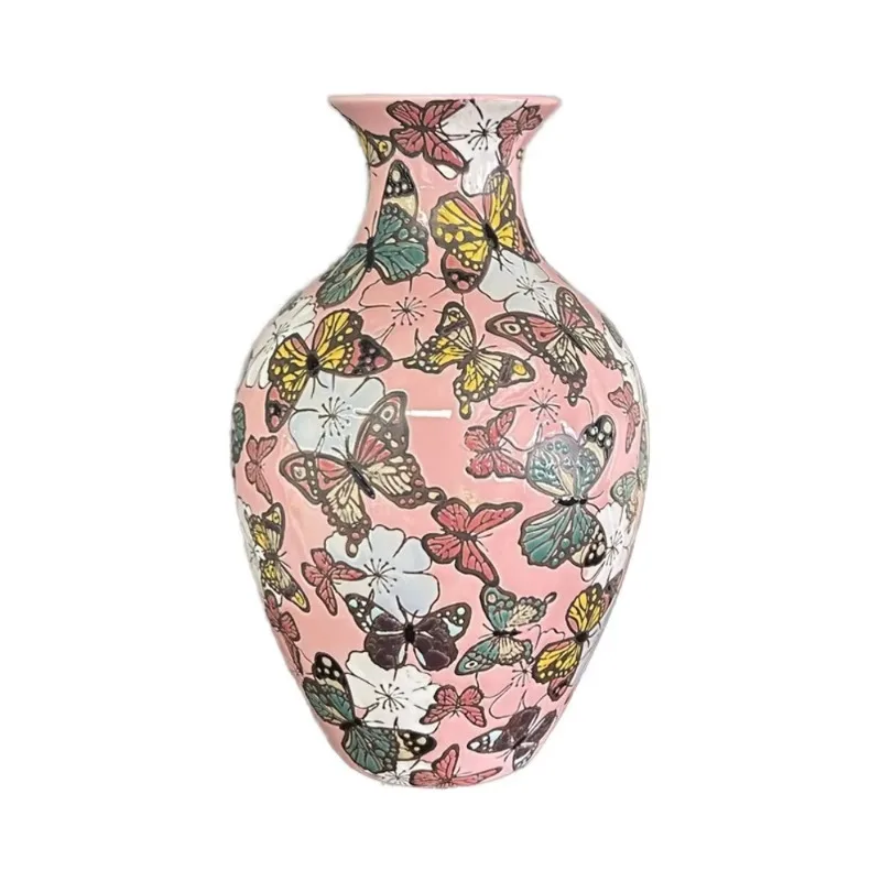 Art Deco Design Porcelain Butterfly Tabletop Vase High Performance Pink Glazed Decorative Ceramic Vase